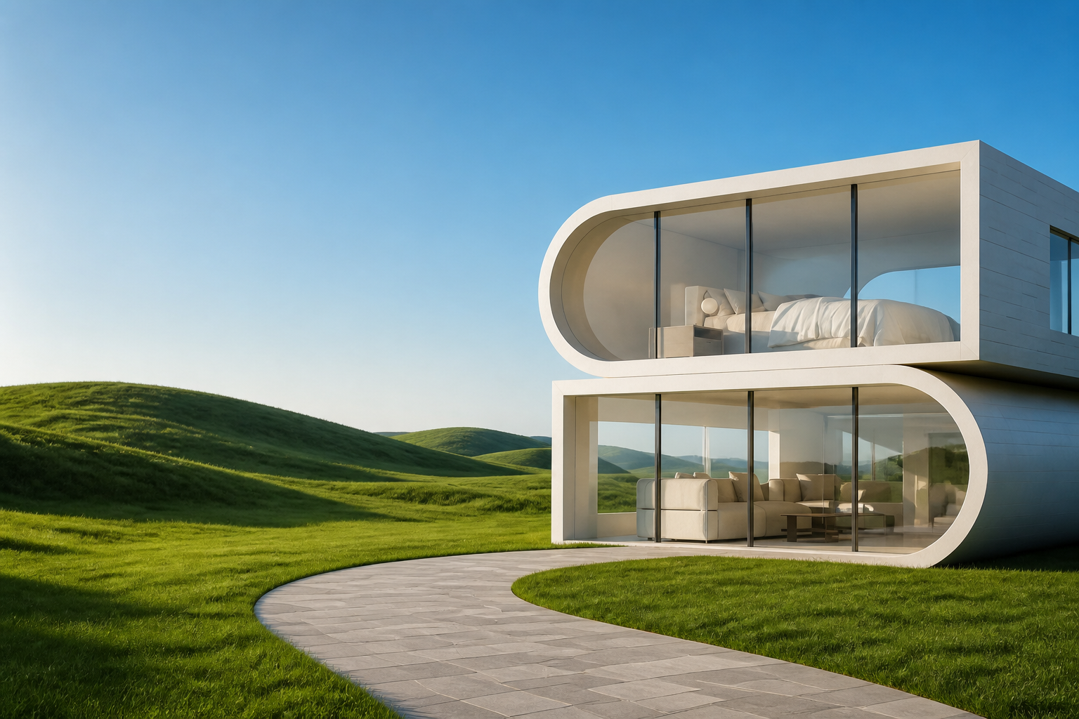 A contemporary home set in open green hills